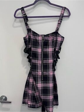 Plaid Mini Dress with Front Zip in Pink and Black